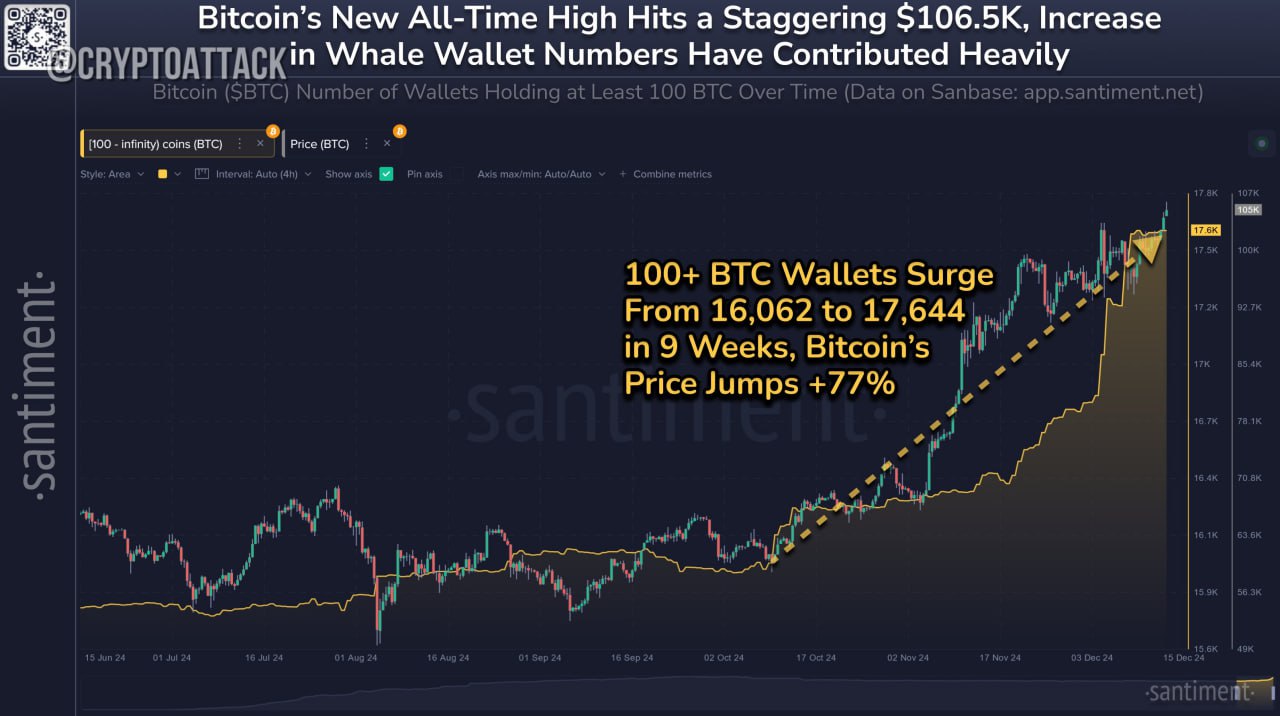 #BTC Santiment: BTC впервые поднялся до $106,5 тыс. С тех пор, как 10 октября начался бычий рост, появилось 1582 кошелька, содержащих >100 BTC  +9,9% .