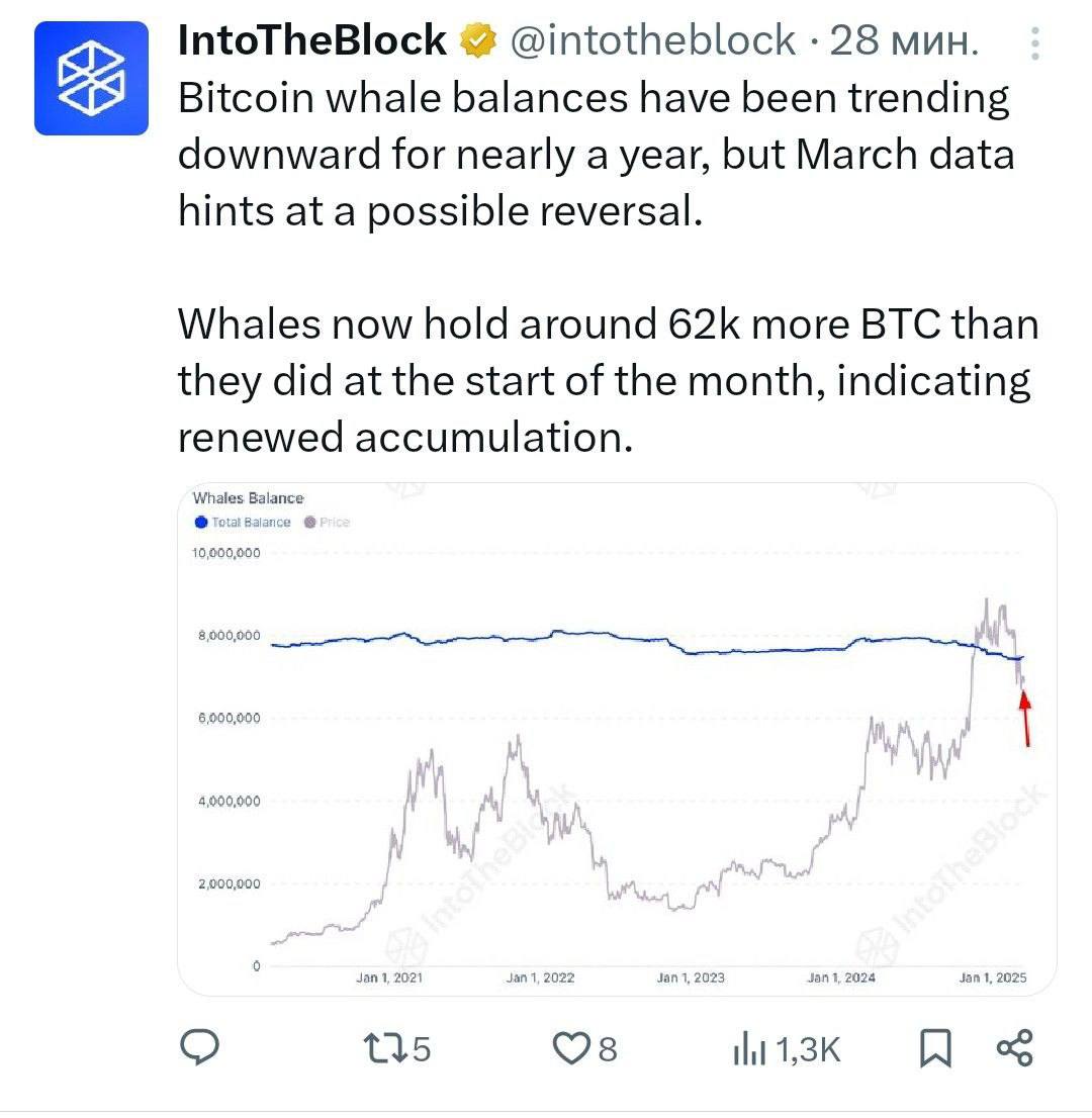 IntoTheBlock отмечает возможный разворот биткоин-китов от распродаж к аккумулированию.  «Сейчас киты держат примерно на 62 000 BTC больше, чем в начале месяца, что свидетельствует о возобновлении накопления»  Отзывы   FAQ   Софт   Бонусы для бирж   Бесплатная 1000 ₽     — ставь реакцию для поддержки канала