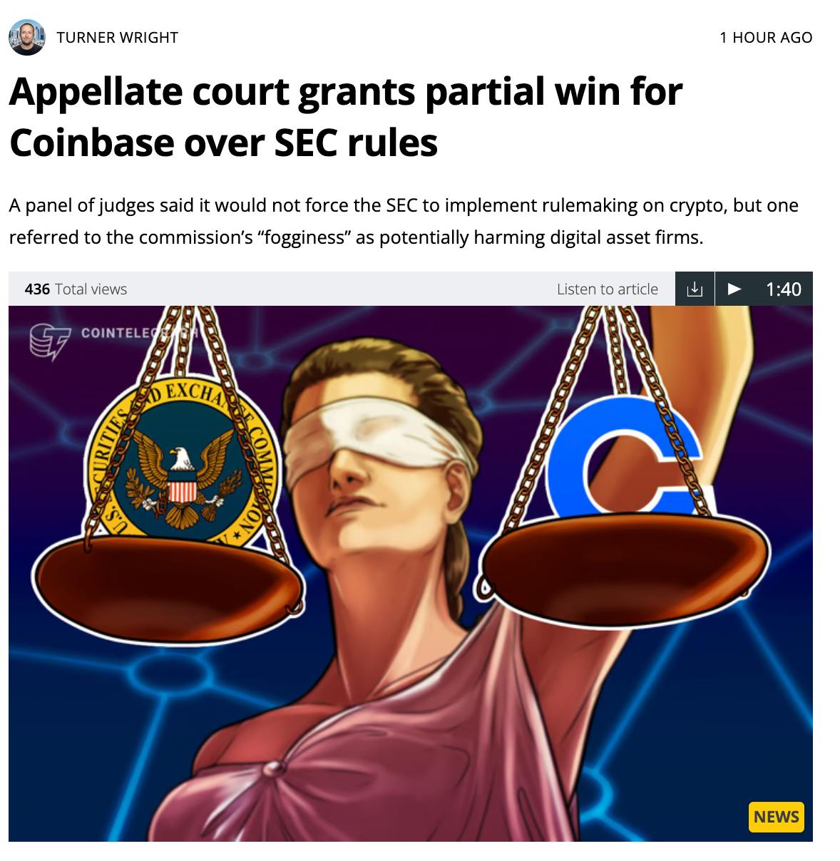 Суд частично удовлетворил апелляцию Coinbase против SEC  Апелляционный суд третьего округа США признал действия Комиссии по ценным бумагам и биржам  SEC  в отношении отказа от создания правил для крипторынка «произвольными и капризными».   Coinbase добивалась от SEC разработки новых правил, регулирующих торговлю цифровыми активами, ещё с 2022 года. Однако Комиссия отклонила запрос, что вынудило биржу обратиться в суд. Судьи отметили, что действия SEC недостаточно аргументированы и несут риски для индустрии, но отказались обязать регулятор немедленно приступить к разработке правил.