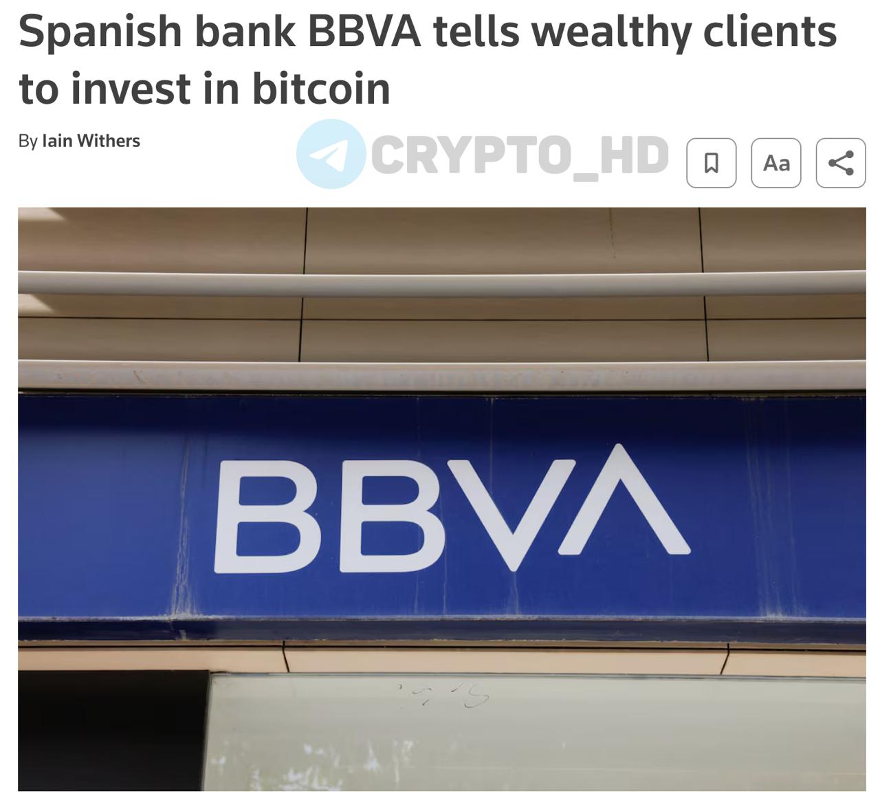 Крупнейший испанский банк BBVA советует инвестировать в Биткоин — Reuters Финансовый гигант Banco Bilbao Vizcaya Argentaria BBVA начал официально рекомендовать состоятельным клиентам инвестировать от 3% до 7% портфеля в криптовалюту, в зависимости от уровня риска. Советы касаются BTC и ETH. В будущем планируют добавить другие криптоактивы. По словам представителей BBVA Switzerland, добавление даже 3% крипты значительно улучшает доходность портфеля без существенного увеличения риска. Ранее: - разрешили торговлю - стейблкоин в партнертсве с Visa Crypto Headlines