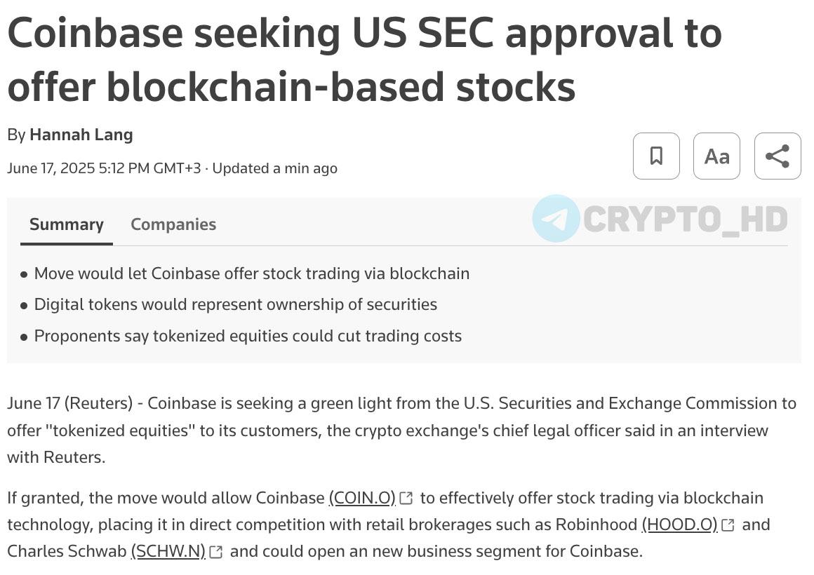 Биржа Coinbase намерена получить разрешение от SEC на запуск торгов токенизированными акциями. Crypto Headlines
