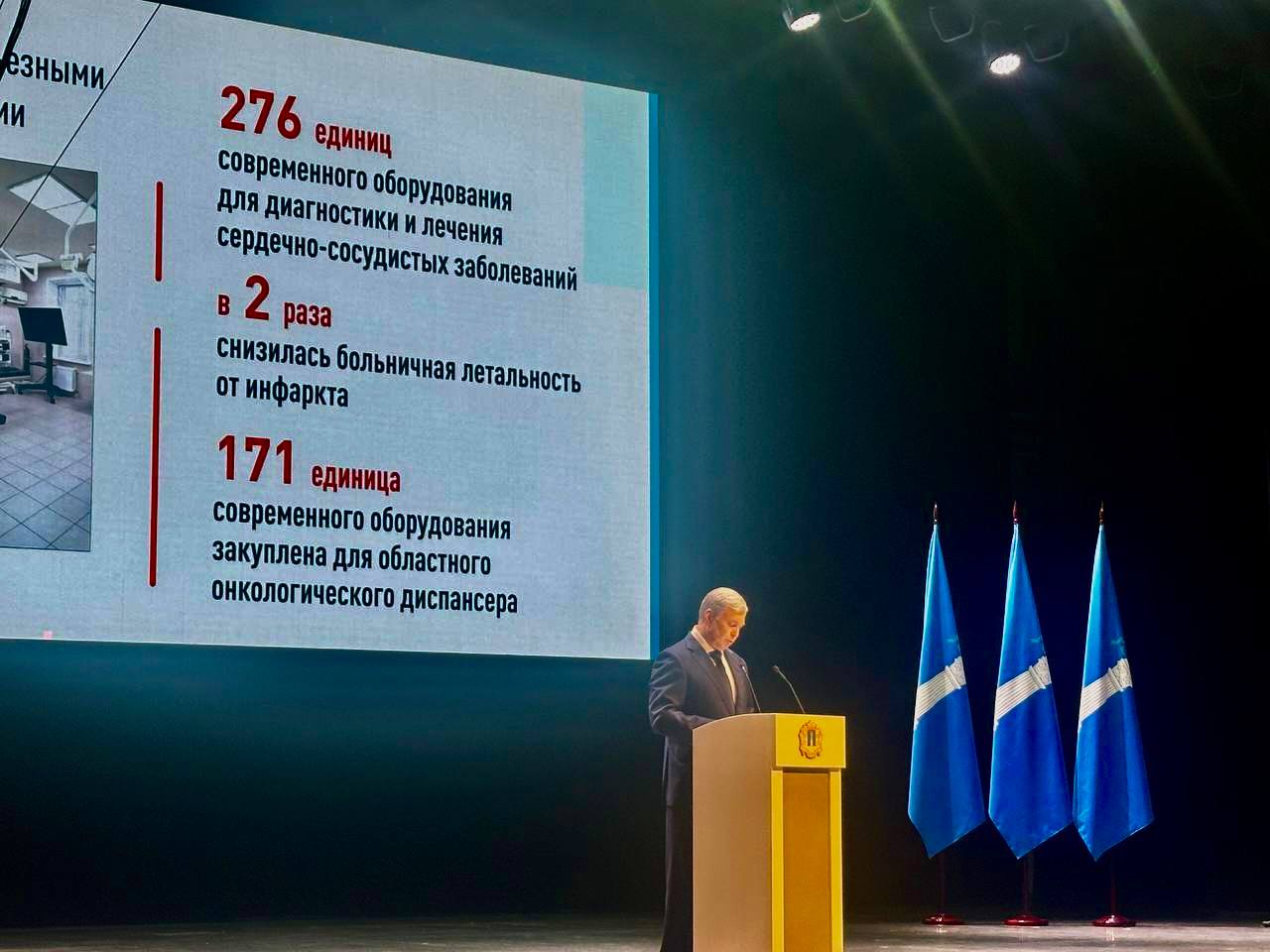 Алексей Русских озвучил основные итоги работы за прошедший год и обозначит главные направления на ближайшую перспективу. Несмотря на непростые условия регион сохраняет свои позиции и продолжает развиваться, в том числе и в сфере здравоохранения. «Важнейшим условием развития области является здоровье населения. Каждый ребенок – наше будущее, и мы делаем все, чтобы это будущее было здоровым. За последние годы достигнуты минимальные показатели младенческой смертности. Это стало возможным благодаря модернизации перинатальных центров, внедрению новых технологий, повышению квалификации медперсонала. Сегодня маленькие дети с тяжелым заболеванием глаз проходят лазерную терапию сетчатки в Ульяновске. Раньше для этого приходилось ехать в другие города. Когда ребенок подрастает, важно, чтобы он продолжал получать качественную медпомощь. Для этого мы провели ремонт во всех 27 детских поликлиниках, закупили оборудование и создали комфортные условия. В мае в микрорайоне «Новая жизнь» начала работать новая детская поликлиника, такое же подразделение открыто в этом микрорайоне и для взрослых. Мы приступили к решению застарелой проблемы - строительству новой поликлиники в Дальнем Засвияжье», - отметил глава региона. За последние годы в регионе достигнуты минимальные показатели младенческой смертности. В 2024 году этот показатель составил 4,4%, что на 0,4 % ниже по сравнению с 2023 годом. 75,2% жителей региона ежегодно проходят профилактические осмотры или диспансеризацию. Для борьбы с сердечно-сосудистыми заболеваниями создан региональный сосудистый центр и 4 первичных сосудистых отделения, в том числе в Новоспасском районе. Закуплено 276 единиц оборудования. В результате больничная летальность от инфарктов снизилась вдвое. В регионе закупили 171 единицу оборудования для онкодиспансера, в результате одногодичная летальность пациентов со злокачественными новообразованиями снизилась на 3 %. По нацпроекту «Здравоохранение» построено 30 новых ФАПов и врачебных амбулаторий в самых отдаленных уголках области, закуплен 31 передвижной медкомлекс.