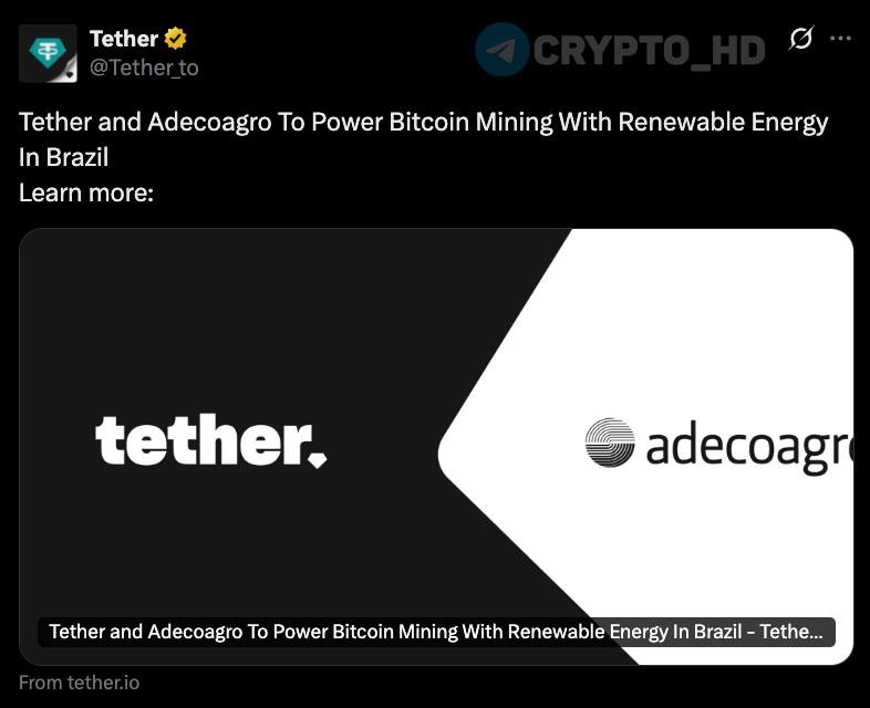 #USDT Tether займется майнингом BTC в Бразилии – анонс Tether и Adecoagro намерены использовать для майнинга возобновляемые источники электроэнергии. Adecoagro – южноамериканская агропромышленная компания, владеет 210,4 тыс. гектаров сельскохозяйственных угодий и предприятиями в Аргентине, Бразилии и Уругвае. Ранее: инвестиции в Adecoagro Crypto Headlines