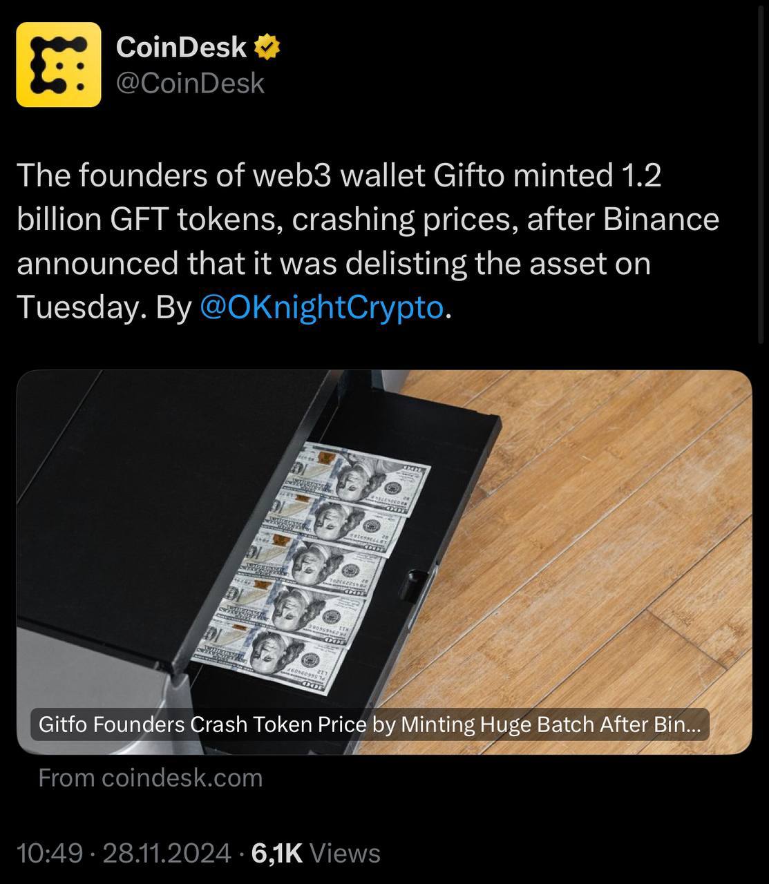 Решили заработать на делистинге своего токена   Основатели Web3 кошелька Gitfo заминтили 1,2 млрд. новых токенов после того, как Binance объявила о делистинге.   Это увеличила общее предложение токенов в 2 раза, что конечно же повлияло на цену...    За 2 дня курс упал на 55%, ведь новые токены фаундеры продают ордерами на других биржах.