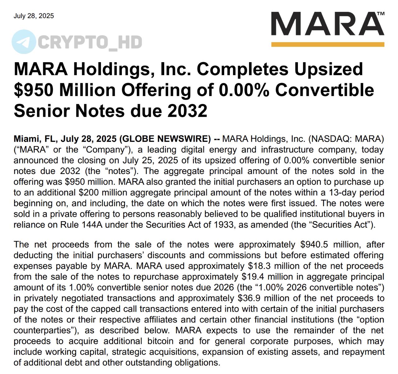 #майнинг В MARA Holdings привлекли 950,000,000$ для покупки BTC – релиз На балансе компании уже находится 49,951 BTC ~$5,9b . MARA Holdings Marathon Digital – крупнейшая майнинговая компания США. Ранее: стратегия Сэйлора Crypto Headlines