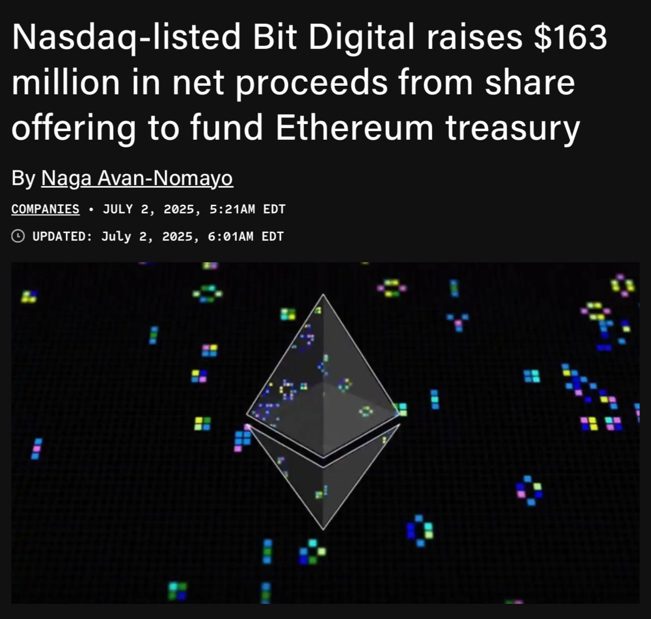 Майнинговая компания заинтересована создать резерв $ETH  В компанию Bit Digital было инвестировано 162,9$ млн для приобретения $ETH и формирования резерва Ethereum  На данный момент баланс компании уже находится отметке 24,434 ETH, что равняется 59,8 миллиона долларов, а в будущем планируется конвертация еще 417,6 $BTC, стоимостью 44,9 миллиона долларов, в $ETH   Бизнес план он таков