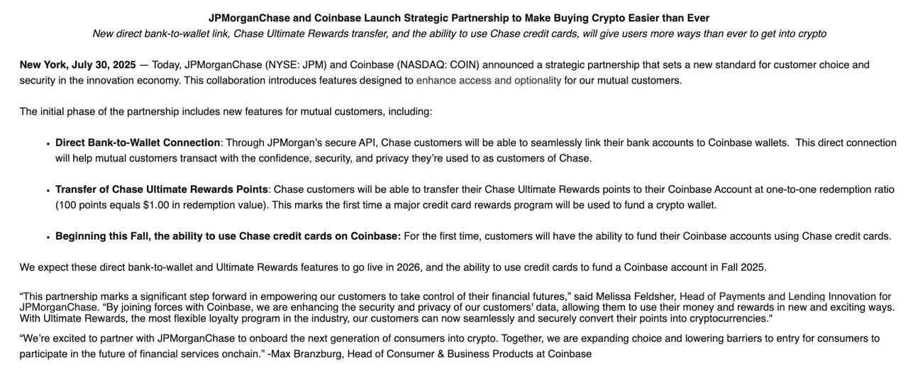Coinbase и JPMorgan объявили о партнерстве! Партнерство позволит пользователям оплачивать покупки на Coinbase с помощью кредитных карт и обменивать баллы Chase на #USDC. Crypto Headlines
