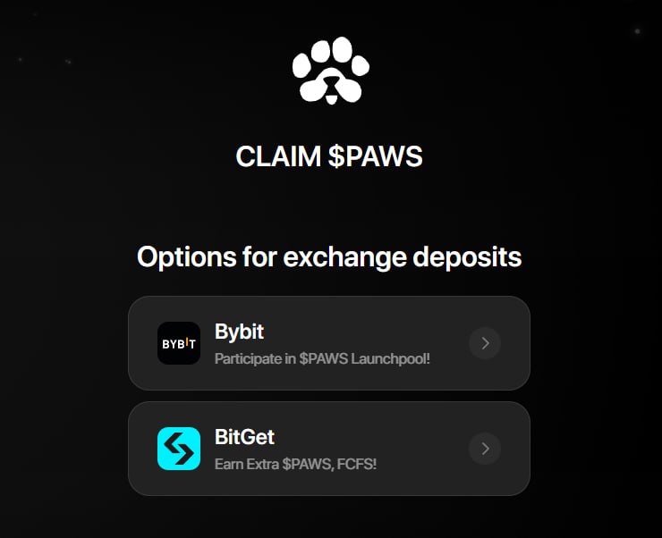 Вчера открыли в PAWS вывод токенов. Списывают 3% биржи. Доступные варианты: 1 ByBit 2 Bitget Ожидал, что будут ещё какие-то, но договорились они видимо напрямую только с этими. Для того, чтобы заклеймить токены - выбираем на сайте - TG Dashboard и дальше "Claim". ЧАТ Bybit Gate.io BingX