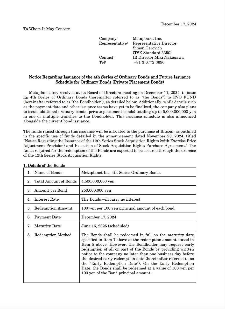 Японская компания Metaplanet планирует привлечь 4,5 млрд йен посредством выпуска облигаций, для финансирования дополнительных покупок биткоинов  Отзывы   FAQ   Софт   Бонусы для бирж      — ставь реакцию для поддержки канала