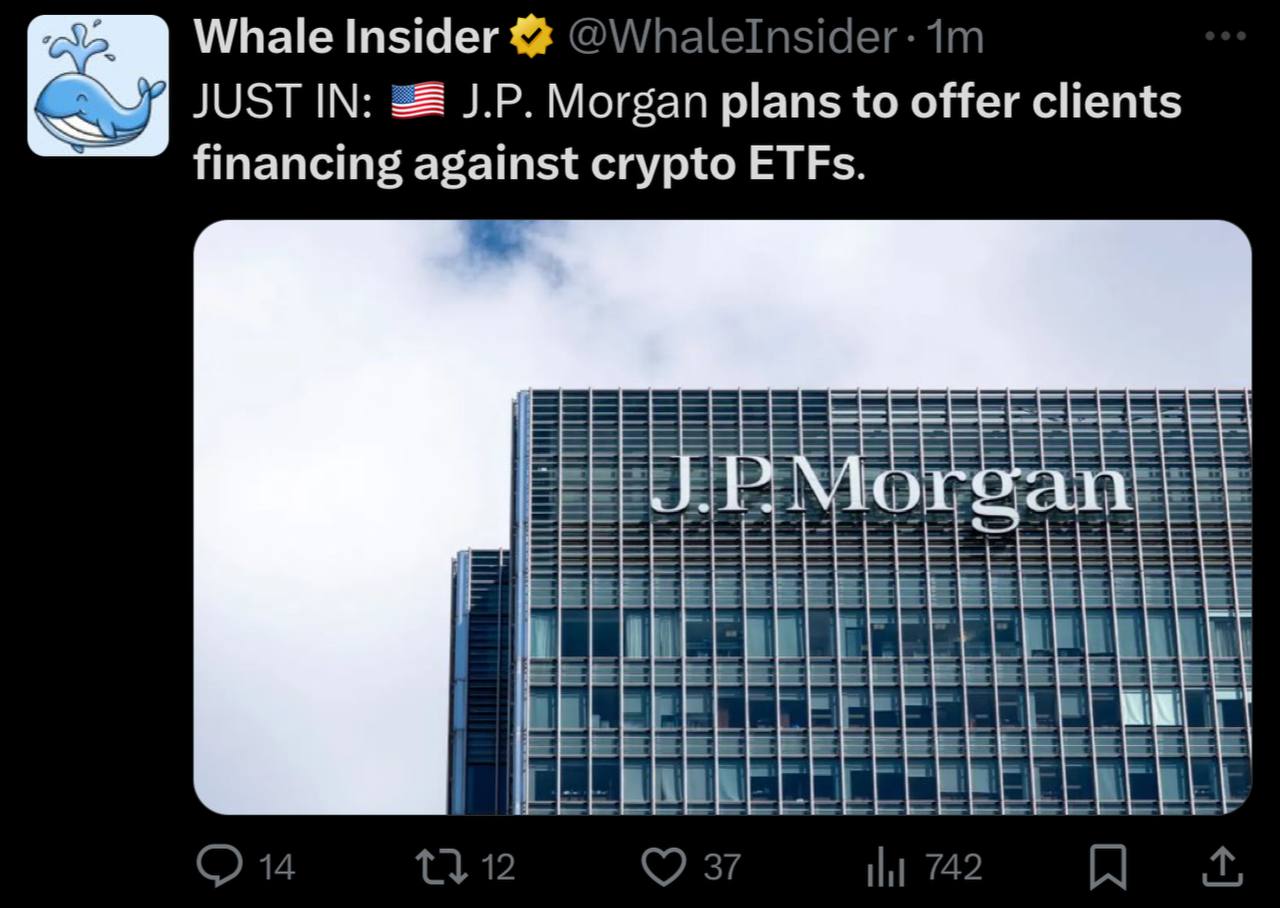 J.P. Morgan будет предоставлять клиентам кредиты под залог крипто ETF-ов. Американские деды наберут кредитов и в альту. Одобряем.