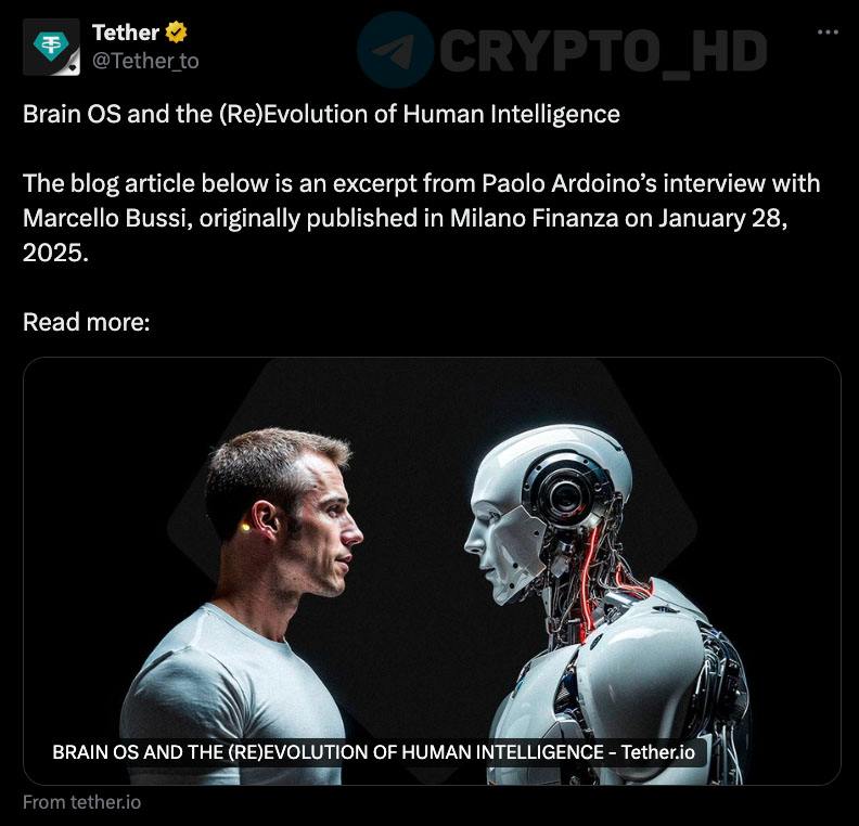 #usdt   В Tether занимаются разработкой аналога чипов Neuralink – BrainOS  blog   Проект BrainOS нацелен на разработку технологий, связывающих мозг с компьютером  как чипы Neuralink .  Tether сотрудничает с учеными и инвестировал $200m в компанию BlackRock Neurotech, которая уже помогает парализованным людям управлять роботами, печатать текст силой мысли и управлять дронами.  Миссия проекта: «сделать инновации доступными для всех, а не только для богатых корпораций».  Ранее: игра в шахматы силой мысли  Crypto Headlines