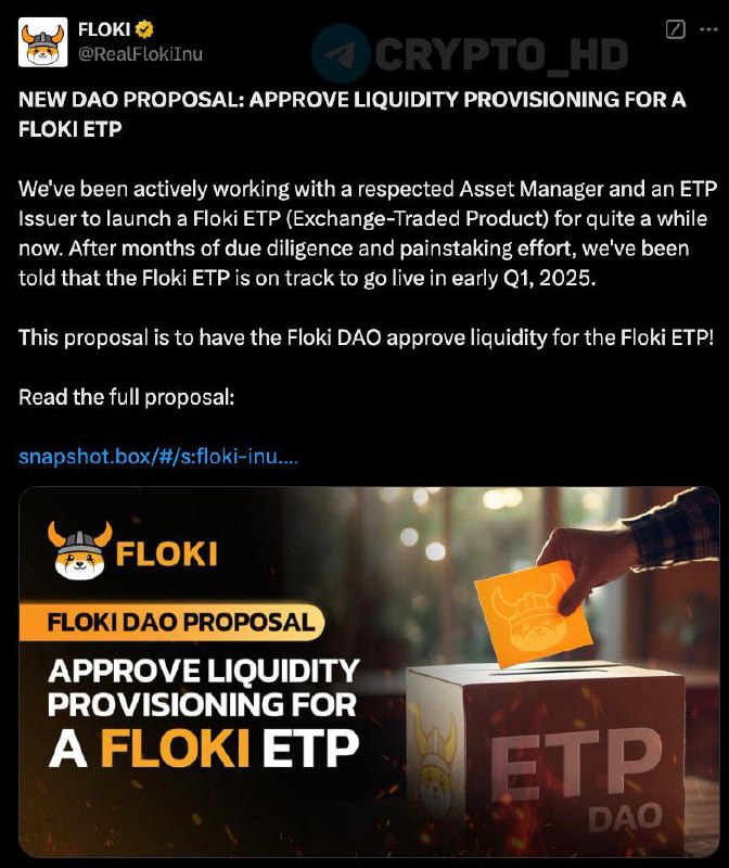 #FLOKI Floki ETP запустят в Европе уже в 1 квартале 2025 года! – twitter  ETP  Exchange Traded Products  – биржевой продукт, аналогичный ETF.   Ранее: реклама в ОАЭ  Crypto Headlines