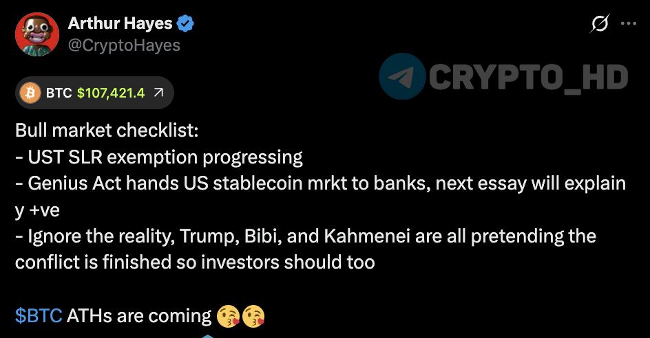 ↗ Артур Хейс ожидает новый ATH по BTC! Аналитик опубликовал чек-лист бычьего рынка: Ослабление UST SLR: Банкам разрешат держать больше гособлигаций, не увеличивая резервные требования — это освободит ликвидность. Закон GENIUS: Рынок стейблкоинов переходит под контроль банков. Игнорирование реальности: Дональд Трамп, Биньямин Нетаньяху и Али Хаменеи лишь создают иллюзию мира. Инвесторам стоит поступить так же — игнорировать шум и делать ставку на рост. Ранее: стейблкоин-бум Crypto Headlines