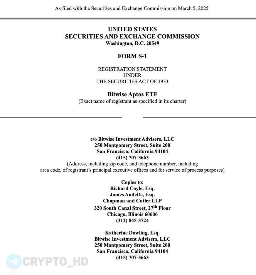 #APT Компания Bitwise подала заявку в SEC на запуск Aptos ETF! документ Ранее: штат Делавэр Crypto Headlines
