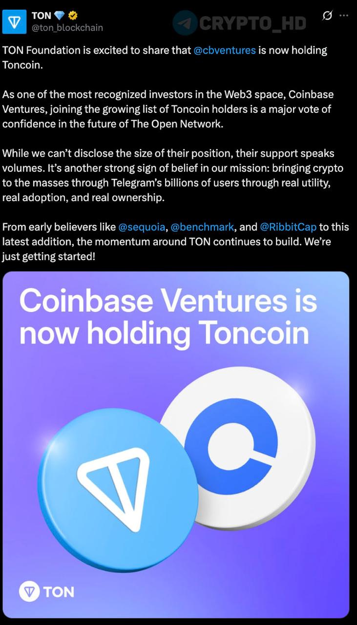 #TON Фонд Coinbase Ventures инвестировал в TON – анонс  Ранее:  - Pantera Capital - Биржа Gate - Bitget и Foresight Ventures - Yolo Investments - Mirana Ventures  Crypto Headlines