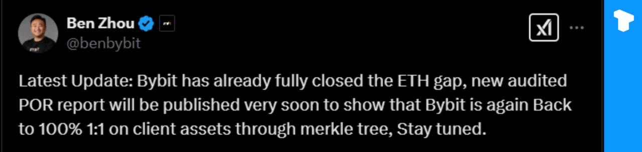 Генеральный директор Bybit Бен Чжоу заявил, что биржа полностью закрыла пробел в украденных ETH, поскольку недавно проверенное доказательство наличия резервов подтвердило 100%-ное обеспечение активами 1:1.    Телеграм  Х     Сообщество  Источник