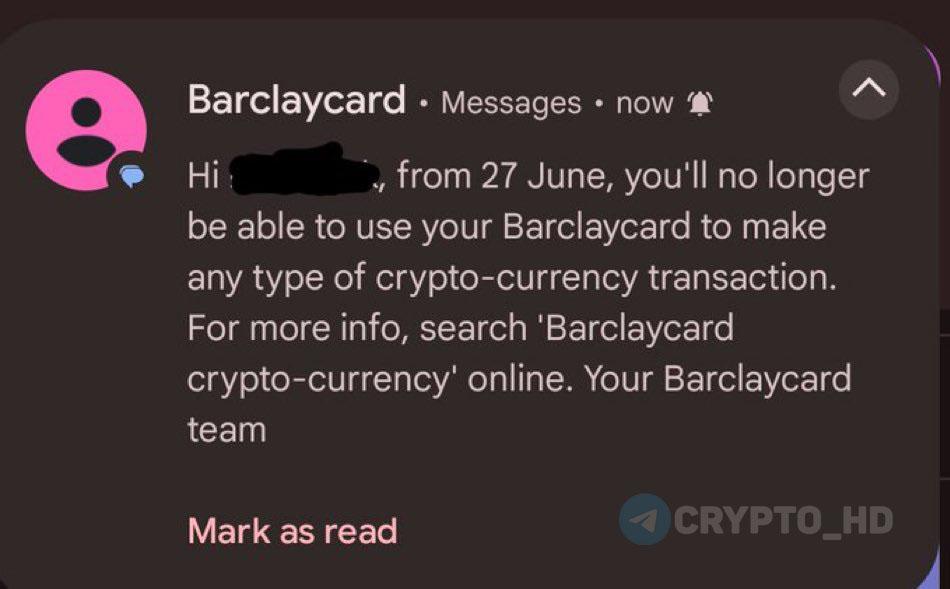 #слухи В Barclays вводят запрет на криптоплатежи с банковских карт. Банк Barclays планирует запретить клиентам использовать личные карты для «любых транзакций с криптовалютой». В Twitter активно распространяют слухи, что пользователи уже получают уведомления от банка об этом ограничении. Ранее: $131m в Bitcoin ETF Сryptо Headlines