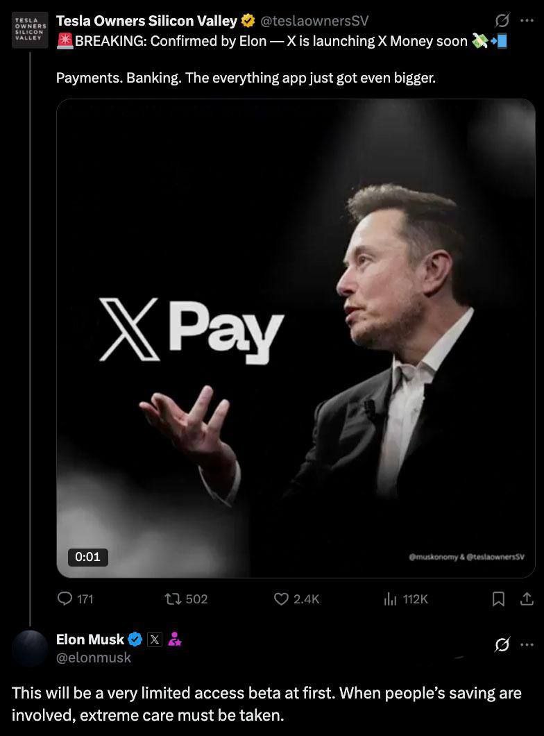 В Twitter скоро запустят платежный и банковский сервис «X Money» – Илон Маск «Сначала будет ограниченный доступ к бета-версии X Money. Когда речь идет о сбережениях людей, нужно проявлять крайнюю осторожность».