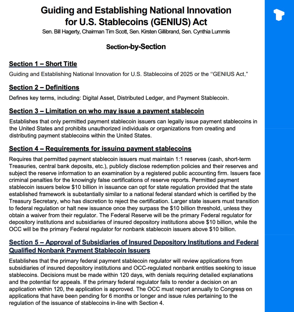 Банковский комитет Сената США одобрил Закон о регулировании эмитентов стейблкоинов  Закон GENIUS , направленный на управление и создание национальных инноваций для стейблкоинов США Законопроект включает следующие ключевые положения:    Требования AML/KYC: эмитенты должны соблюдать стандарты противодействия отмыванию денег и принципа «знай своего клиента» при проведении крупных транзакций.   Заморозка транзакций: Казначейство США будет иметь полномочия замораживать подозрительные транзакции, а эмитенты должны будут иметь механизмы для заморозки переводов.   Подразделение надзора: эмитенты стейблкоинов с рыночной капитализацией менее $10 млрд будут регулироваться властями штатов, а более крупные эмитенты будут контролироваться федеральными агентствами, но при соблюдении определенных условий могут оставаться под надзором штата.   Резервы: стейблкоины должны быть обеспечены ликвидными активами, такими как наличные деньги, депозиты и государственные облигации США.   Прозрачность: эмитенты будут обязаны публиковать ежемесячные отчеты о ликвидности и составе резервов.  Теперь законопроект будет передан на голосование в Сенат и Палату представителей.    Телеграм  Х     Сообщество  Источник