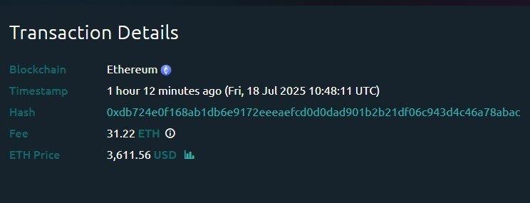 Пользователь заплатил комиссию в размере 31.2 ETH  $112 700  за одну транзакцию.