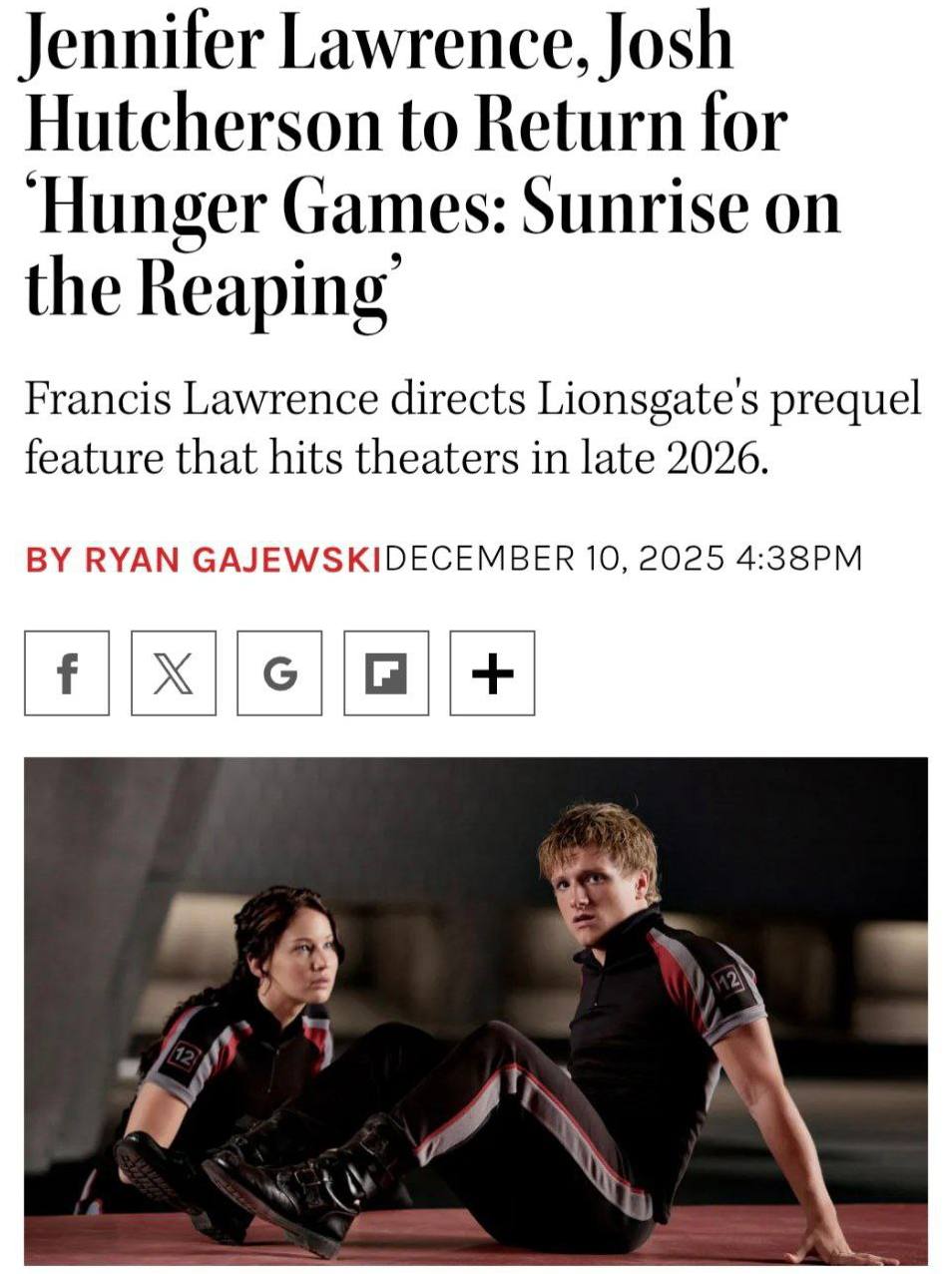 Дженнифер Лоуренс Китнисс вернётся в Голодные игры К ней присоединится Джош Хатчерсон Пит Актёры сыграют в приквеле Рассвет жатвы который официально выйдет в России 19 ноября 2026 года Новый фильм расскажет об участии молодого Хеймитча Эбернети в 50 х Играх Ностальгирует по сойке JDMax смотрим