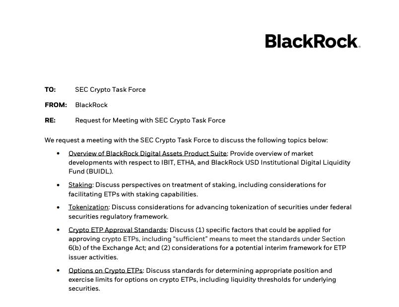 9 мая BlackRock встретилась с целевой группой SEC по криптовалютам и запросила рекомендации по стейкингу, токенизации и стандартам одобрения ETF