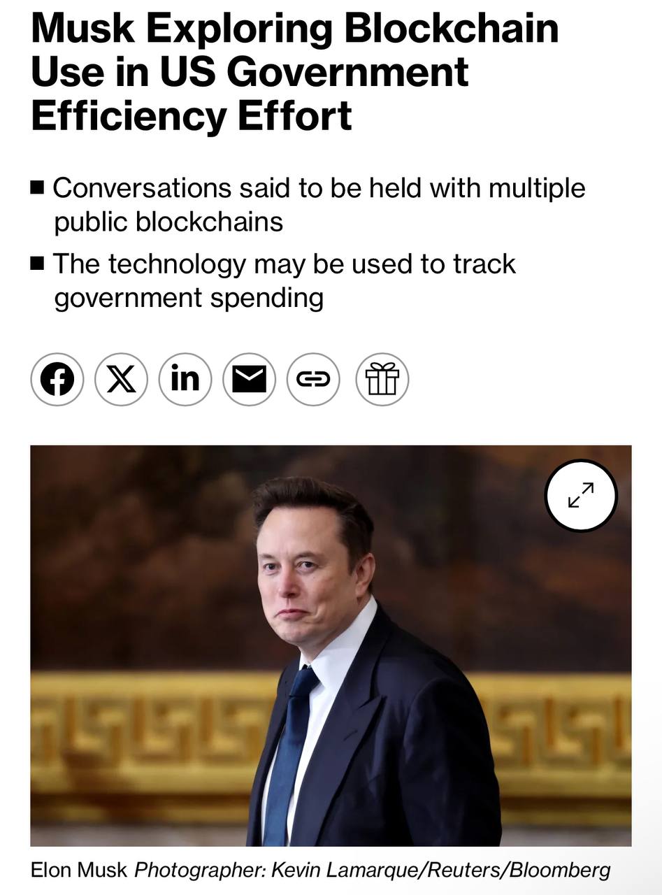 Илон Маск обсуждает блокчейны с публичными представителями — Bloomberg  На встрече поднимались темы, которые звучат как из фантастики: • Отслеживание федеральных расходов через блокчейн. • Защита данных с помощью децентрализованных технологий. • Платежные системы и их интеграция с блокчейном.  Звучит амбициозно, но если кто и может это воплотить, то Маск. Вопрос: с каким блокчейном он собирается работать?    Gem Hunters l Чат    Bybit  OKX