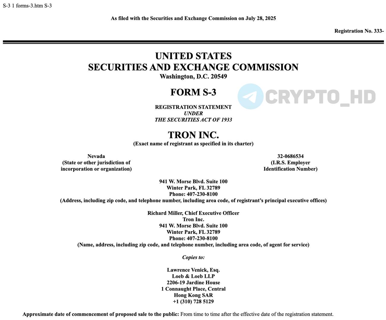 В TRON Inc привлекут 1,000,000,000$ для покупки #TRX на баланс компании документ На балансе уже 365,000,000 TRX $119m . Покупки планируют продолжать регулярно, финансируя их за счет выпуска акций, долговых инструментов и др. Токены TRX хранятся у кастодиана BiT Global. Полный on-chain контроль за активами принадлежит совету директоров. Ранее: листинг на Nasdaq Crypto Headlines