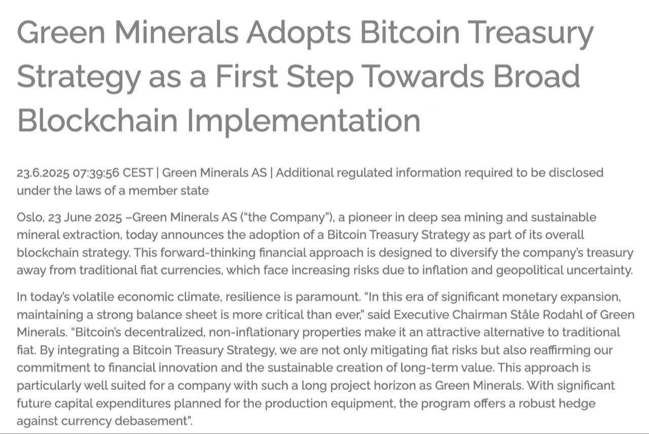 В Green Minerals закупят Биткоин на 1,200,000,000$! Норвежская компания планирует создать BTC-резерв и привлечь 1,200,000,000$ для покупки Биткоина! Цель — хедж от инфляции и девальвации фиата. Crypto Chat Exchange ADS