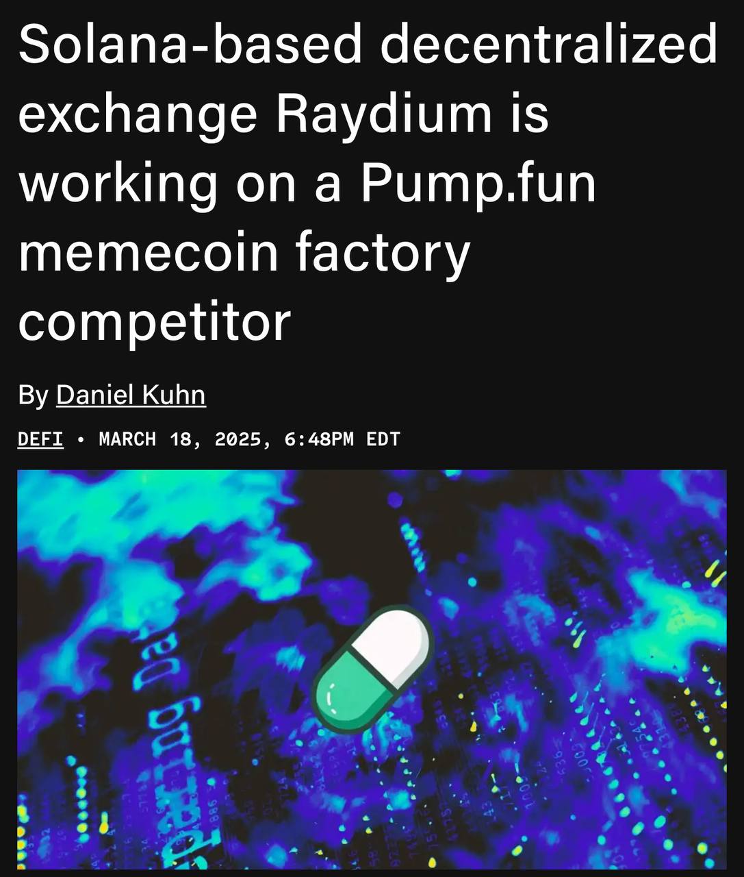 Децентрализованная биржа Raydium анонсировала разработку LaunchLab — конкурента Pumpfun для запуска мемкоинов.   Это решение было принято после того, как в Pumpfun начали тестировать автоматизированный маркет-мейкер  AMM , который должен заменить Raydium.  Оставайтесь в курсе последних новостей вместе с