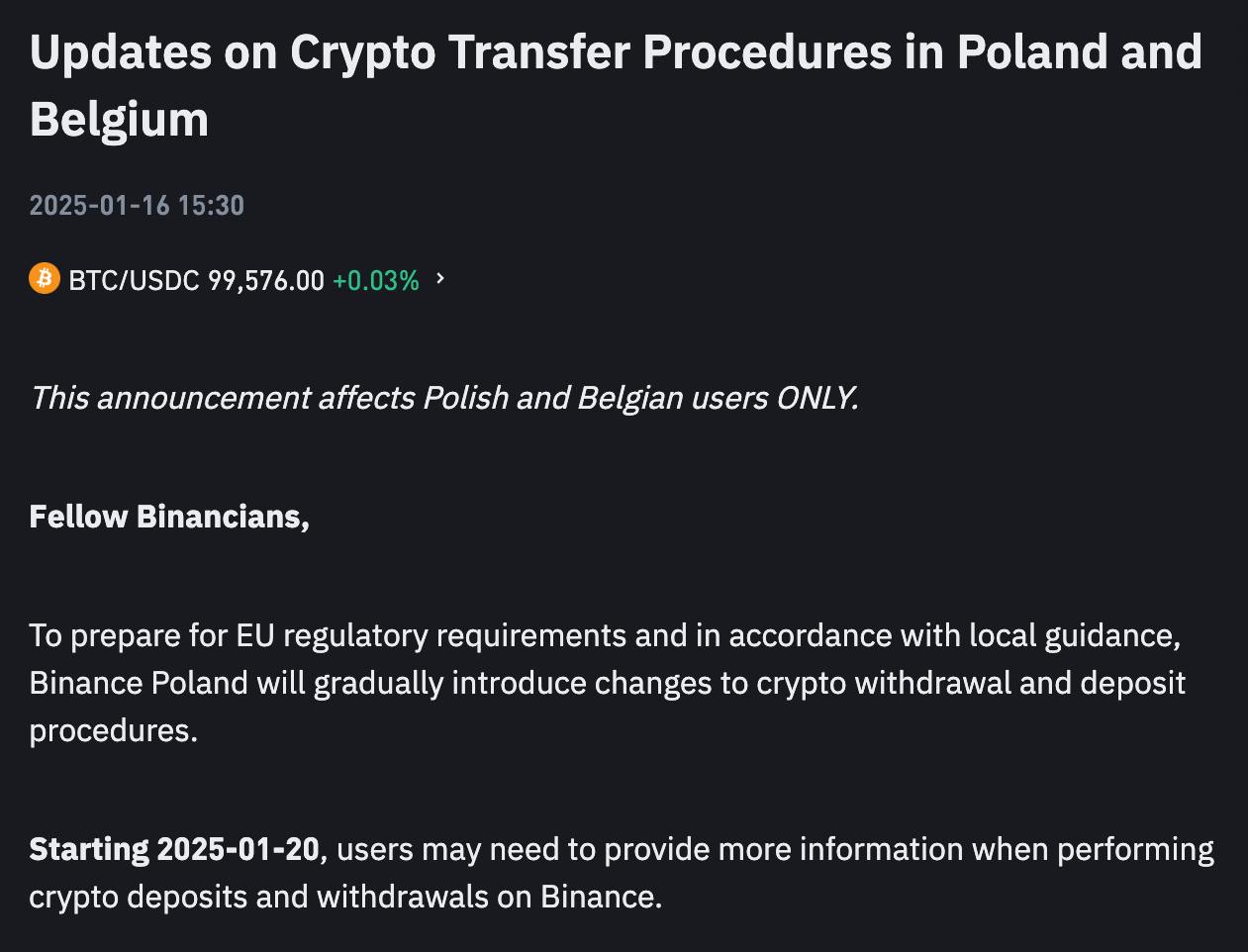 Binance вводит дополнительные требования к пользователям из Бельгии и Польши при вводе и выводе средств Начиная с 20 января 2025 пользователям может понадобиться предоставить больше информации при выводе и вводе криптовалюты на Binance. При получении средств на сумму более 1000 евро клиентам биржи будет предложено предоставить информацию об отправителе. При выводе криптовалюты на любую сумму пользователям необходимо будет указать информацию о получателе. Подписаться Биржи : LBank Blofin Bitunix Получай бонусы — регистрируйся на бирже!