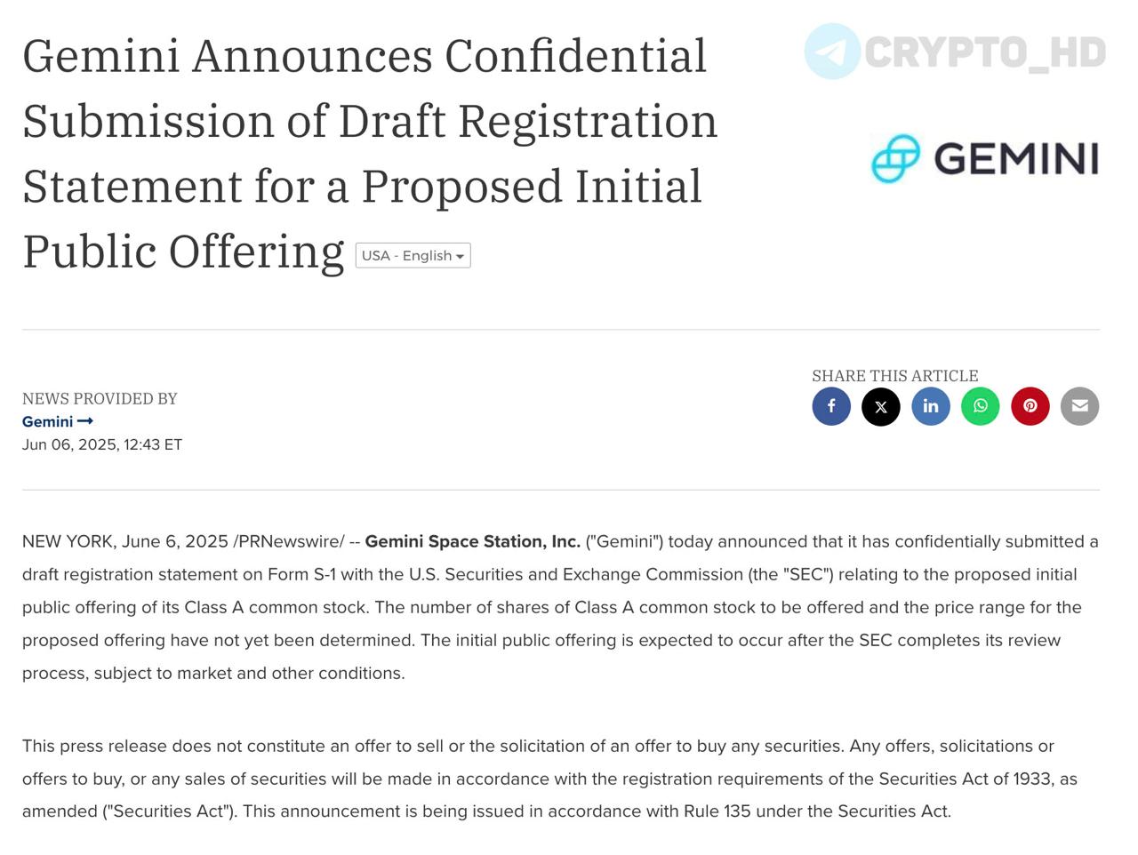 Криптобиржа Gemini подала заявку на IPO в США релиз Crypto Headlines