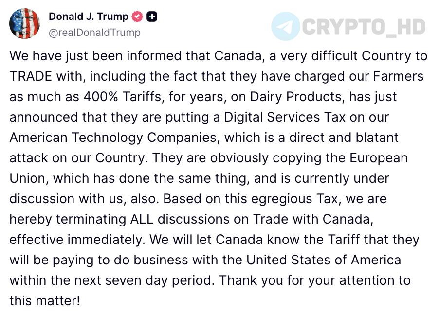 #торговаявойна Дональд Трамп: Канада вводит новые тарифы против США! Нам только что сообщили, что Канада, которая в течение многих лет взимала с наших фермеров тарифы до 400% на молочную продукцию, только что объявила о введении налога на цифровые услуги для американских технологических компаний. Это прямое и вопиющее нападение на нашу страну! Очевидно, они просто копируют действия Европейского союза, который ввел аналогичный налог и сейчас обсуждает его с нами. В ответ на этот возмутительный шаг мы немедленно прекращаем все торговые переговоры с Канадой. В течение ближайших семи дней мы уведомим Канаду о тарифах, которые ей придется платить за право вести бизнес с Соединенными Штатами Америки. Ранее: хорошие отношения Crypto Headlines