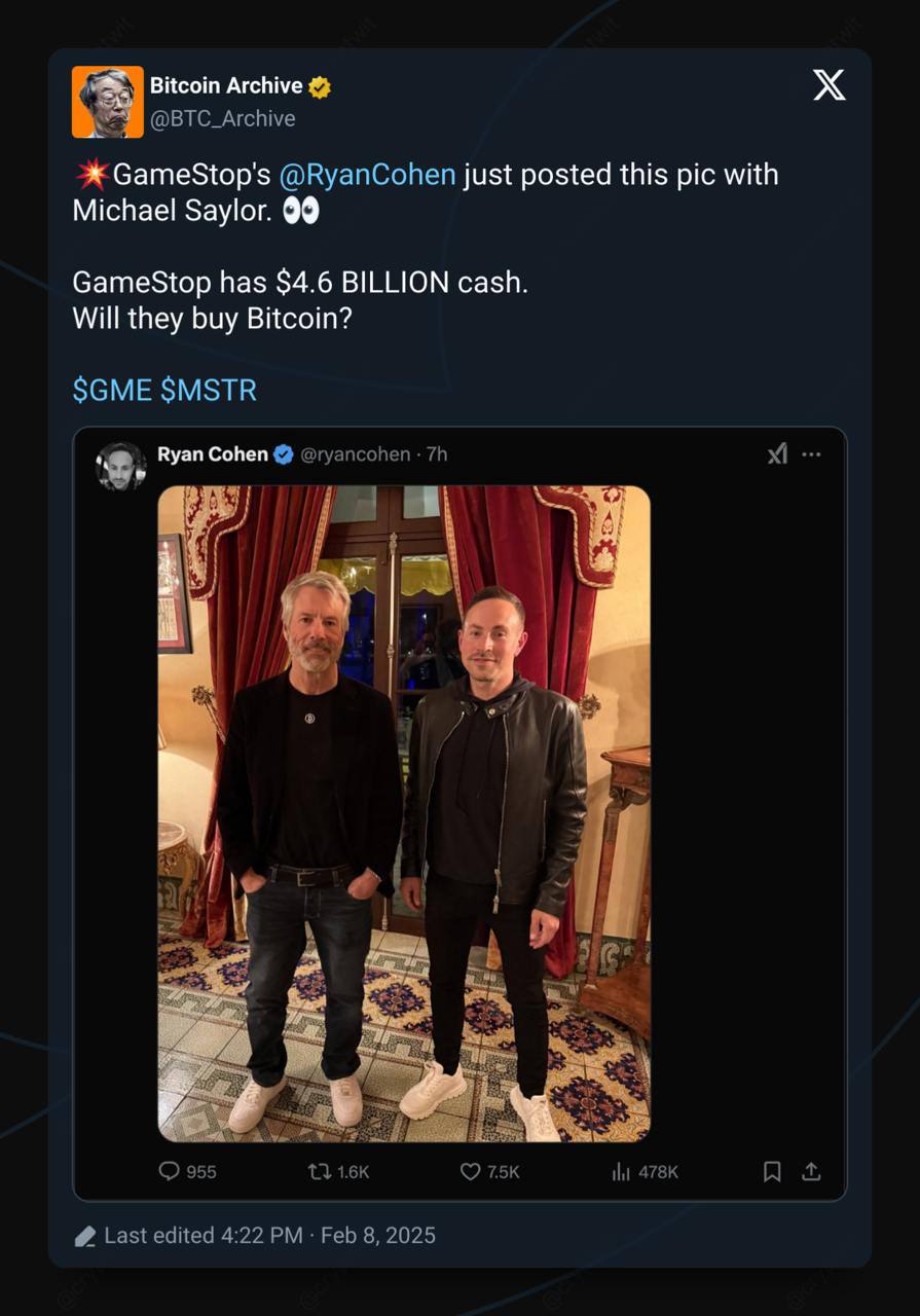 GameStop закупает $BTC?    Ryan Cohen выложил фото с Майклом Сейлором, а у GameStop на счетах $4,6 млрд.