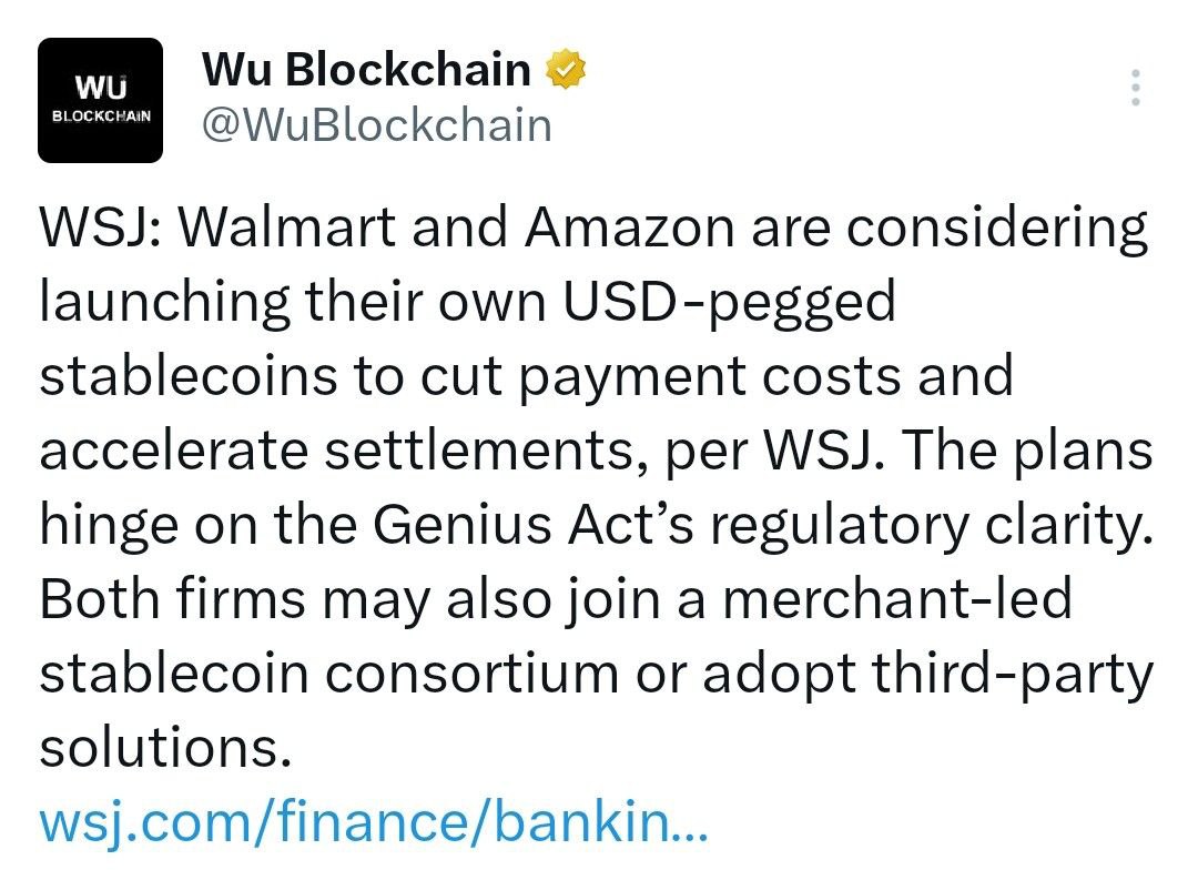 Walmart и Amazon рассматривают возможность запуска собственных долларовых стейблкоинов, чтобы сократить расходы на платежи и ускорить расчеты, сообщает WSJ. Эти планы зависят от того, насколько четко будет прописана нормативная база в законе Genius Act. Обе компании также могут присоединиться к стейблкоин-консорциуму мерчантов, или использовать сторонние решения. - поддерживайте канал реакцией - подписывайтесь на Крипто Твиты