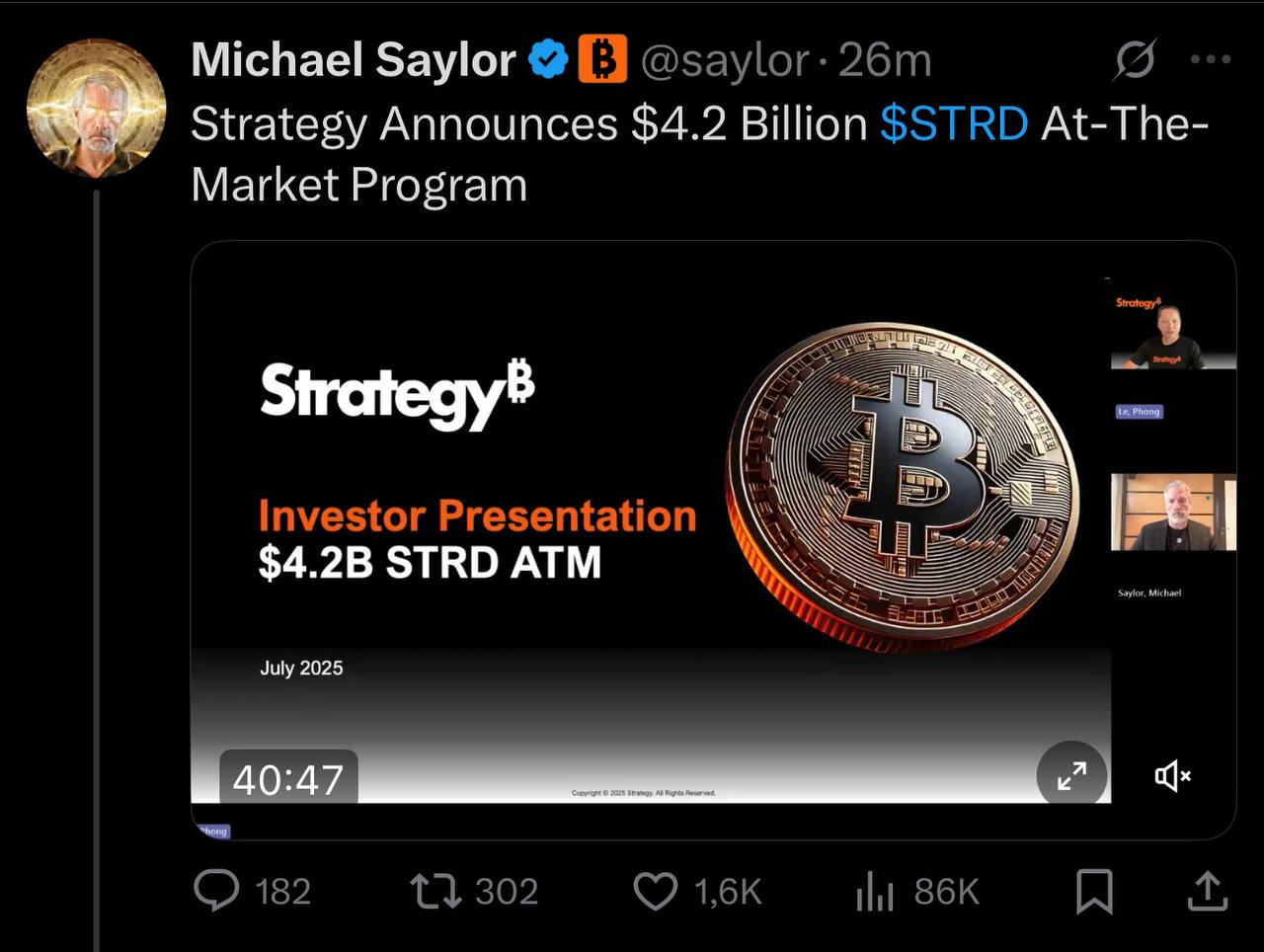 Майкл Сейлор планирует привлечь ещё $4,2 млрд для покупки Bitcoin The Whale Chat