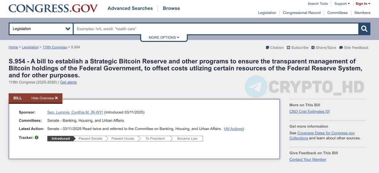 Законопроект Синтии Ламмис о создании BTC-резерва опубликован на сайте Конгресса США - original Ранее: форум «Биткоин для Америки» Crypto Headlines