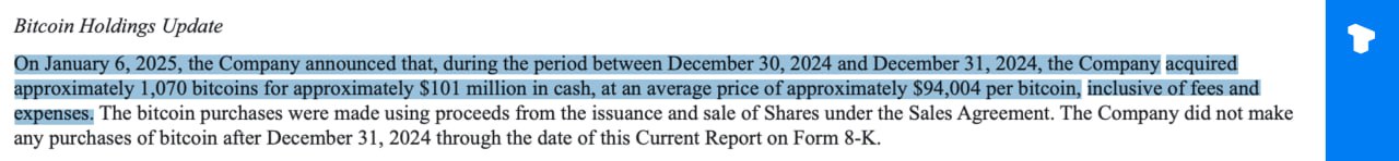 MicroStrategy приобрела 1 070 BTC за $101 млн по цене $94 004 за биткоин, обеспечив доходность в 48,0% за 4 квартал 2024 года и 74,3% за 2024 финансовый год.   Теперь MicroStrategy владеет 447 470 BTC, приобретенными за $27,97 млрд. по средней цене $62 503 за биткойн.    Телеграм  Х    Сообщество   Источник