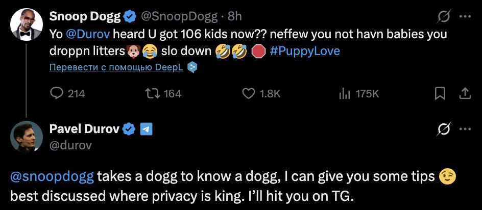 Snoop Dogg против Павла Дурова? Или это коллаборация года?  Snoop Dogg заявил:  «Дурову стоит притормозить и прекратить свои выходки».  На это Павел Дуров ответил не менее остроумно:  «Могу дать несколько уроков… в самом лучшем мессенджере – Telegram, где анонимность и безопасность являются основными функциями».  Всё это выглядит слишком иронично, чтобы быть случайным совпадением. Похоже, нас к чему-то готовят.  В сети ходят слухи о том, что Snoop Dogg и Павел Дуров обсуждают совместный проект!  Что именно они замышляют, пока неизвестно, но фанаты уже строят теории: от эксклюзивных NFT в Telegram до новых функций мессенджера с уникальным стилем Snoop Dogg.    Торгуй с умом на бирже - Bitget