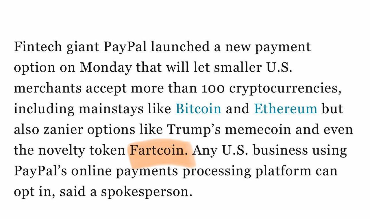 За товар в США теперь можно платить даже токеном под названием «Пердёж» Paypal запустил новый платежный шлюз, который принимает более 100 крипто-токенов