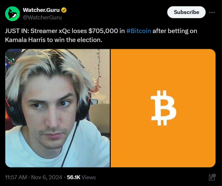 Популярный стример xQc потерял $705,000 в BTC, поставив на победу Камалы Харрис на выборах.  Crypto Информатор l Чат