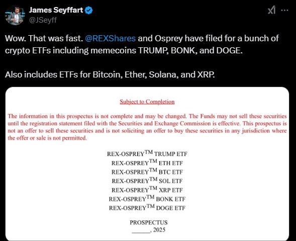 REXShares и Osprey подали заявки на ряд крипто ETF, включая мемкоины TRUMP, BONK и DOGE [+Bitcoin, Ether, Solana и XRP].    YouTube   Чат  Торговый клуб   Канал о трейдинге   Invcoin support