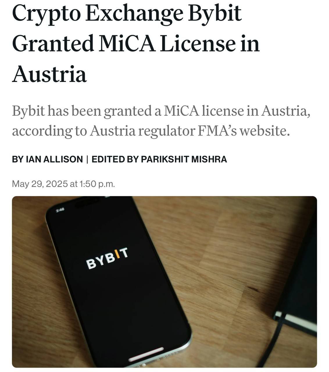 Биржа Bybit получила лицензию MiCA в Европе. Австрийский регулятор FMA выдал эту лицензию. Теперь компания имеет возможность предоставлять регулируемые услуги с цифровыми активами по всей территории Европейского Союза. Оставайтесь в курсе последних новостей вместе с
