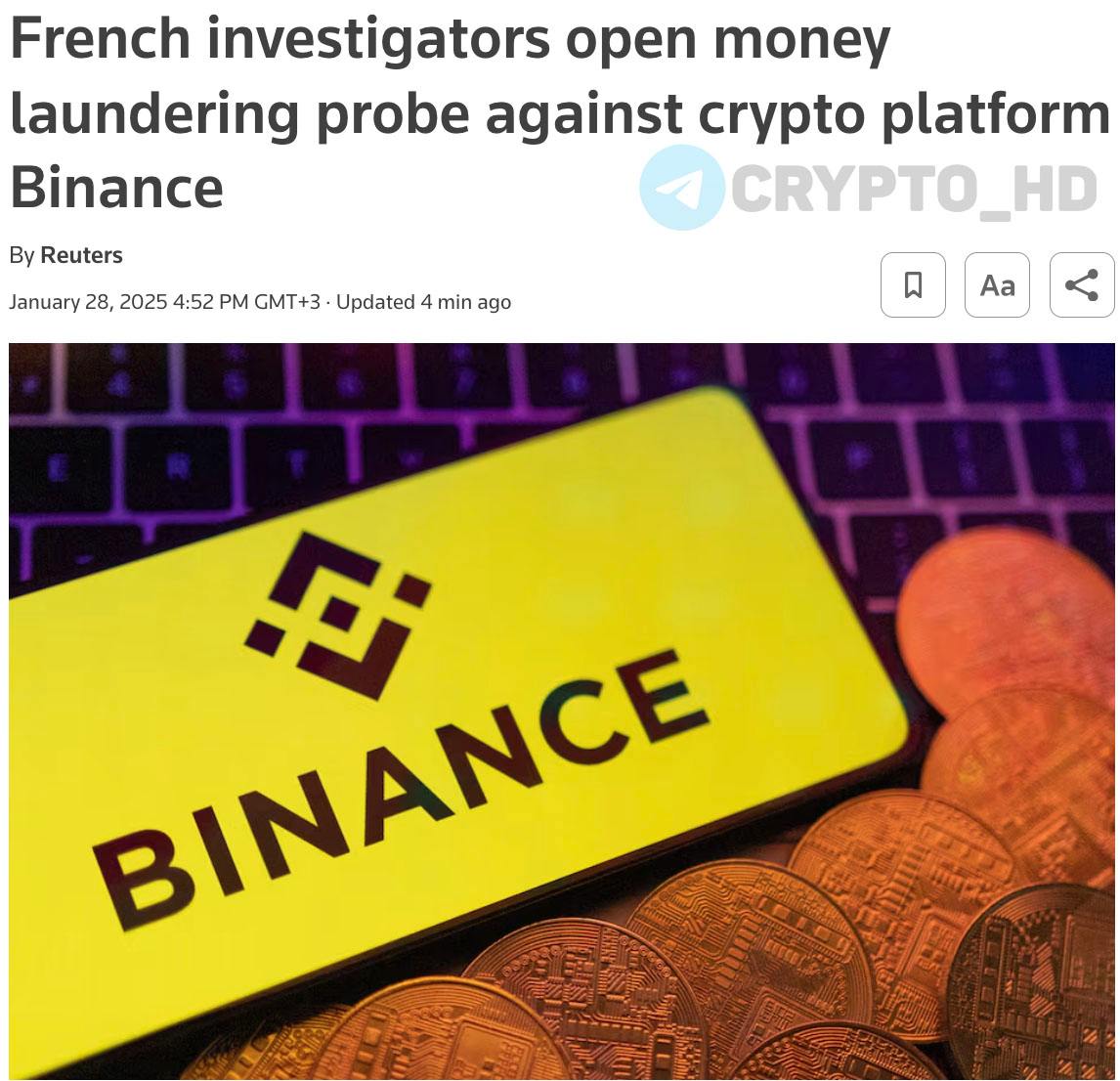 Французские регуляторы подали в суд на биржу Binance!  Reuters   Обвинения: налоговое мошенничество, незаконная торговля наркотиками, отмывание денег и др.  Crypto Headlines