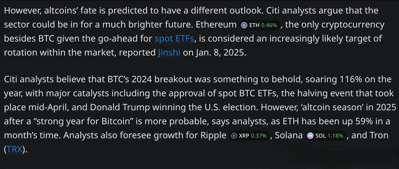 2025: Альтсезон на горизонте?  Прогнозы аналитиков Citi говорят, что 2025 год может стать временем роста для альткоинов. Ethereum уже получил разрешение на запуск спотового ETF, что выделяет его как одну из главных целей для инвесторов.  Администрация Трампа также обещает создать благоприятные условия для роста крипторынка. Эти изменения могут стать катализатором для роста альткоинов.  Вопрос: смогут ли альткоины догнать Bitcoin по капитализации и популярности?ю    — Альтсезон в 2025 году неизбежен     — Bitcoin всё равно останется на пьедестале