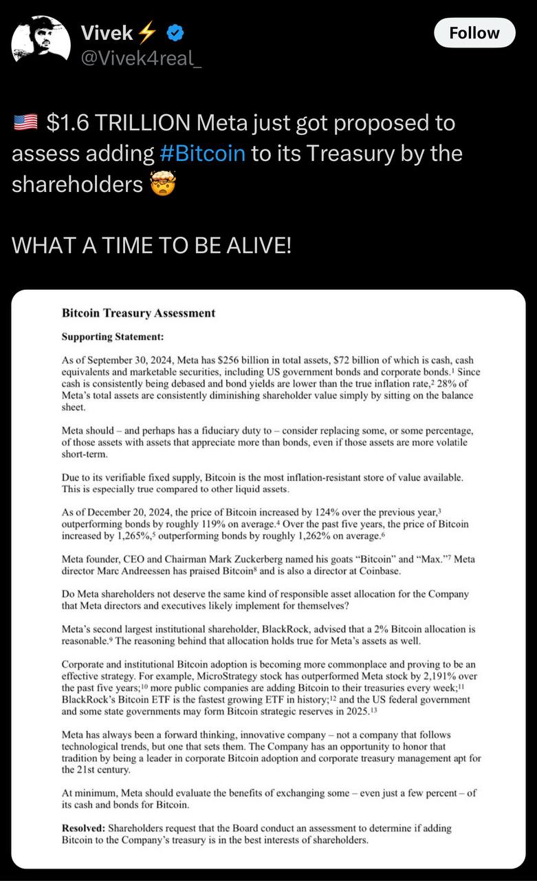 Meta рассматривает добавление BTC в свои резервы   Акционеры Meta предложили компании изучить возможность включения BTC в казначейские резервы:   Устойчивый рост цены: +124% за год, +1265% за 5 лет.  Высокая защита от инфляции и надежное средство сбережения.  Растущая популярность корпоративного принятия, включая BlackRock и MicroStrategy.    Основная идея: Meta может частично заменить свои денежные активы и облигации на BTC, чтобы повысить долгосрочную стоимость для акционеров.   Мое мнение: Сейчас все меньше и меньше людей после микрософт и амазон верят в то, что компании первого эшелона примет Биткоин стратегию, это как раз хорошо, возможно в третий раз у нас больше шансов на положительное решение