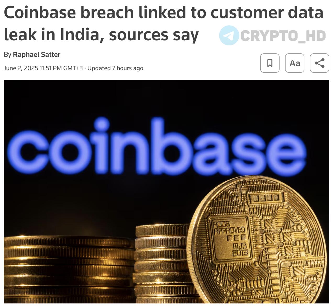В Coinbase знали об утечке данных за несколько месяцев до раскрытия информации Reuters Инцидент связан с сотрудницей индийской аутсорсинговой компании TaskUs, которая фотографировала данные клиентов Coinbase на личный телефон. Женщина и предполагаемый сообщник передавали данные хакерам за взятки. После инцидента более 200 сотрудников TaskUs были уволены, что вызвало резонанс в индийских СМИ. Coinbase оценивает потенциальный ущерб до 400,000,000$. Ранее: - раскрытие киберинцидентов - расследование Минюста - коллективный иск Crypto Headlines