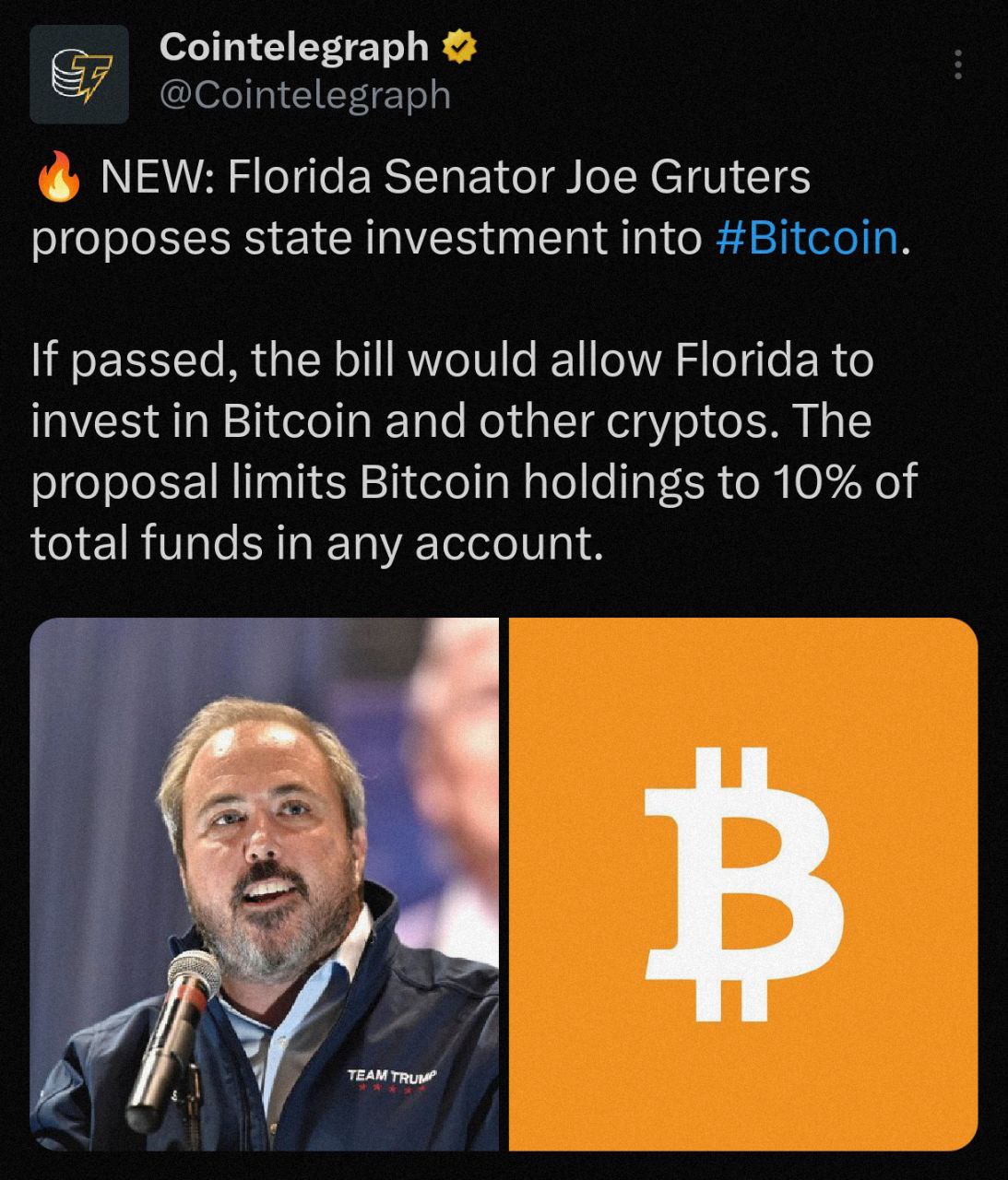 Флорида может инвестировать в Bitcoin – Cointelegraph. Сенатор Флориды Джо Грутерс предложил законопроект, который позволит штату инвестировать в Bitcoin. Если инициатива будет принята, Флорида сможет выделять до 10% от средств в любом фонде на покупку BTC. Законопроект отражает растущий интерес к криптовалютам как к средству сохранения капитала. Теперь вопрос за законодателями штата — поддержат ли они этот шаг?