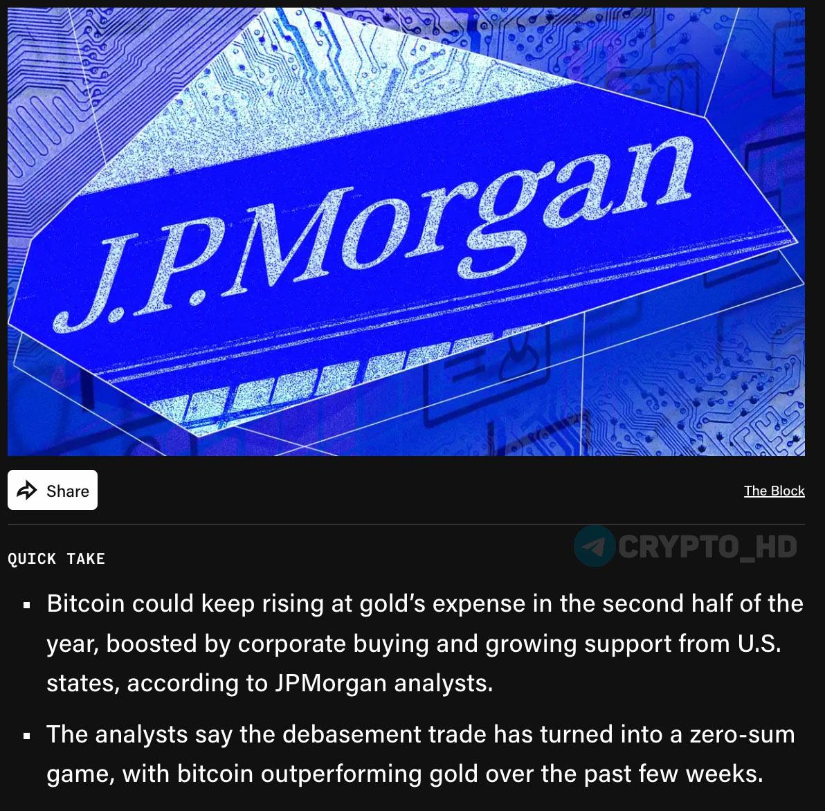 #мнение   JPMorgan: Биткоин может продолжить свой рост во 2 половине 2025 года, опережая Золото.  Драйверы роста:    Крупные корпоративные покупки  Strategy, Tether, Metaplanet и др.   Поддержка BTC на уровне отдельных штатов США  Нью-Гэмпшир, Аризона и др.   Развитие криптодеривативного рынка  сделка Coinbase и Deribit   «Торговля на ослабление фиатных валют  debasement trade , которая ранее поддерживала и Золото, и Биткоин, в 2025 году превратилась в игру с “нулевой суммой” – рост одного актива происходит за счет снижения другого».  Ранее: цифровой банк  Crypto Headlines