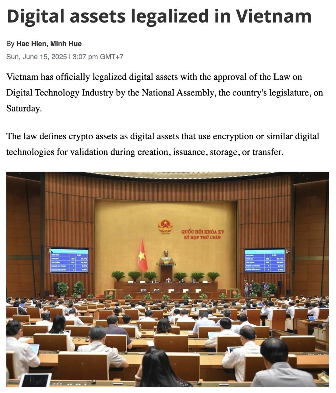 Во Вьетнаме официально легализуют криптовалюту! Национальное собрание Вьетнама утвердило Закон о цифровой технологической индустрии — с 1 января 2026 года страна признайет криптовалютные активы. Цифровые активы будут классифицироваться на виртуальные и криптовалютные исключая ценные бумаги и цифровые фиаты . Вводятся нормы по борьбе с отмыванием денег и кибербезопасности, соответствующие международным стандартам FATF . Правительство разработает отдельные правила регулирования и контроля.